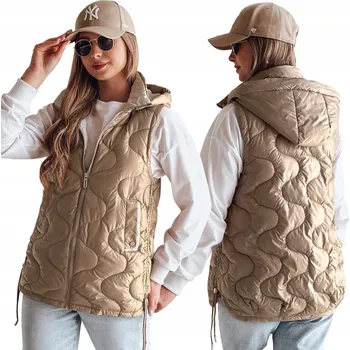 Dámská vesta Dámská prošívaná přechodová vesta s kapucí velbloudí barvy TY4878 - M