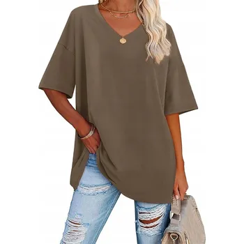 Dámské tričko Dámské Oversize Tričko s Krátkým Rukávem a Výstřihem Khaki L