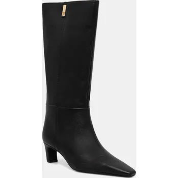 Dámské kozačky Kožené kozačky Tommy Hilfiger SQUARE TOE KITTEN LONG dámské, černá barva, na podpatku, FW0FW08772 99X, EUR 36