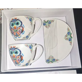 Sada hrnků s podšálky - sova (Porcelánová sada hrnků s podšálky)