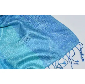 Šála Hedvábná šála Jamawar střední - Tyrkysová a nebesky modrá s ornamenty