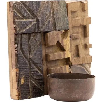 Svícen Masivní nástěnná malba Kavali z recyklovaného dřeva s držákem na svíčku, hnědá