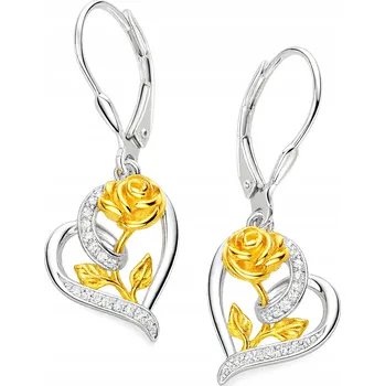 Náušnice Stříbrné Náušnice 925 Visací Srdíčka se zlatou Růží jako dárek