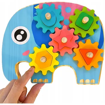 Dřevěná hračka DŘEVĚNÝ TŘÍDIČ TVARŮ PRO DĚTI PROVLÉKAČKA SLON OZUBENÁ KOLA MONTESSORI VZDĚLÁVACÍ HRAČKA