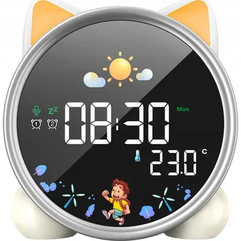 Lampička Budík Pixel kulatý bílý s digitálním displejem, dobíjecí