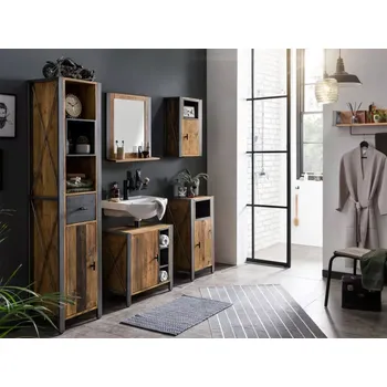 Koupelnový nábytek Masivní sada do koupelny Detroit z recyklované borovice a kovu, lakovaná, hnědá
