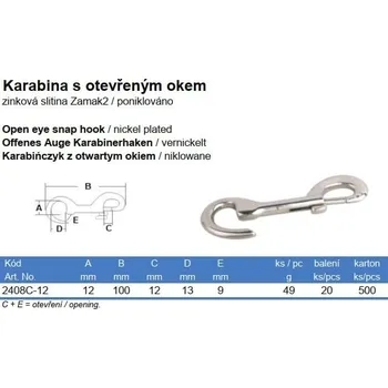 Jištění Karabina s otevřeným okem, 100x12mm, Ni