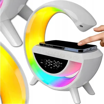 Lampička LED RGB Herní Lampička s Reproduktorem, QI Indukční Nabíječkou, Hodinami a Rádiem s Budíkem