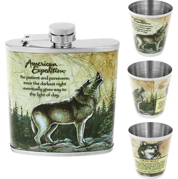 Placatka Placatka Vlk se 3 pohárky (Nerezová placatka pro myslivce se 3 skleničkami)