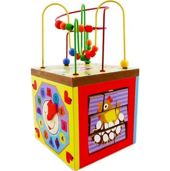 Dřevěná hračka VELKÁ DŘEVĚNÁ EDUKAČNÍ KOSTKA MULTIKOSTKA TŘÍDIČ LABYRINT HODINY HRA