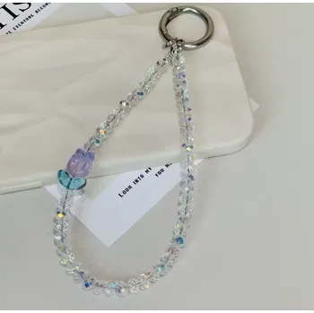 Řetízek B-TOP Řetízek na mobil s čirými AB korálky a fialovým tulipánem