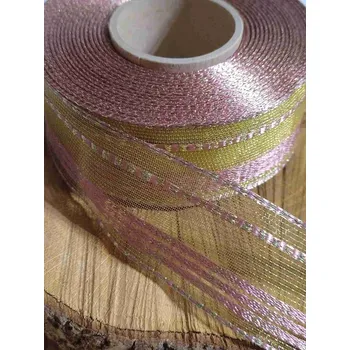 Stuha Plátnová stuha s drátem šíře 40 mm 5 metrů barva starorůžová zlatá