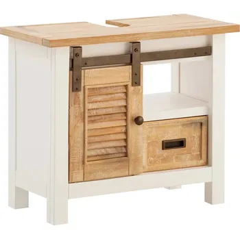 Koupelnový nábytek Masivní spodní skříňka pod dřez Capera z borovice a MDF, lakovaná, bílá/hnědá – 70×35×60 cm