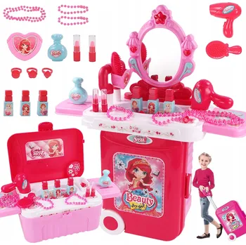 Dětsný nábytek TOALETNÍ STOLEK PRO HOLČIČKU SE ZRCADLEM A LED OSVĚTLENÍM V KUFRU SADA KRÁSY SALON