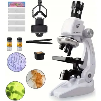 DĚTSKÝ MIKROSKOP, ZVĚTŠENÍ 100X 400X 1200X, VĚDECKÁ SADA S DRŽÁKEM NA TELEFON