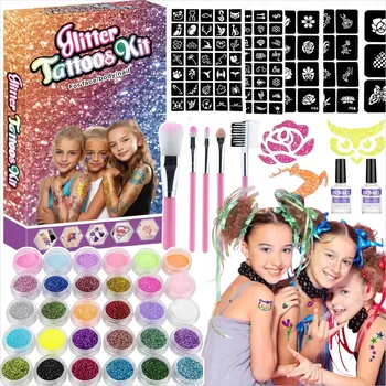 Tetování TETOVÁNÍ PRO HOLČIČKU GLITROVÉ OMYVATELNÉ 151 ks SADA NA TETOVÁNÍ A MAKE-UP