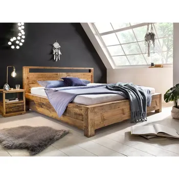 Postel Masivní postel Havelock z recyklované borovice, lakovaná, hnědá