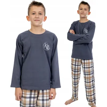 Chlapecké pyžamo CHLAPECKÉ PYŽAMO GRAFIT DLOUHÝ RUKÁV DLOUHÉ KALHOTY KOSTKA BÉŽOVÁ 158