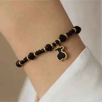 Náramek KRÁSNÝ ZLATÝ NÁRAMEK Z CHIRURGICKÉ OCELI S KAMÍNKY MEDVÍDEK CELEBRIT