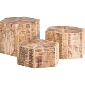 Konferenční stolek Sada 3 masivních konferenčních stolků Caribou Mango, lakovaná, přírodní, šestihranná