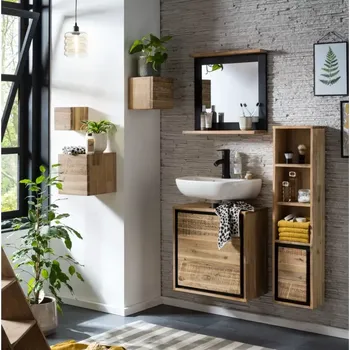 Koupelnový nábytek Masivní sada koupelnového nábytku Jolo z akáciového dřeva, lakovaná, hnědá