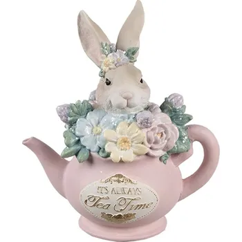 Dekorace čajová konvička s králičí hlavou a kytičkami – 12x8x14 cm