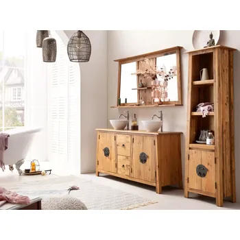 Koupelnový nábytek Masivní koupelnový set Rangún z borovice, lakovaný, hnědý