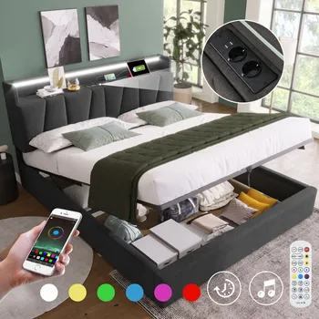 Postel Čalouněná postel Hydraulická dvoulůžková postel LED USB 160x200 + Matrace