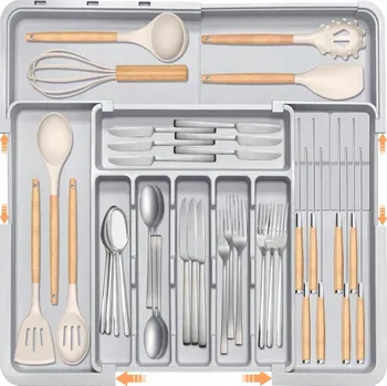 Příborník do zásuvky Organizér do zásuvky na příbory Šedá Nastavitelný organizér Prostorný do kuchyně