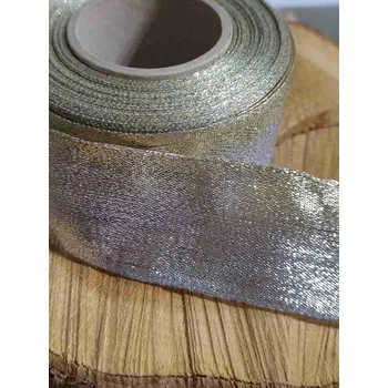 Stuha Plátnová stuha s drátem šíře 38 mm 5 metrů barva stříbrná zlatá světlá