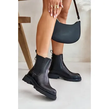 Dámská zimní obuv Kožené Botky Chelsea S Dekorativním Řetězem Zateplené D&A JC42-86 Černé 37