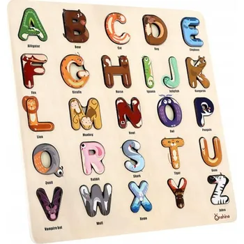 Puzzle DŘEVĚNÉ PUZZLE ABECEDA PÍSMENA TVARY FIGURKY TŘÍDIČ PUZZLE UČENÍ