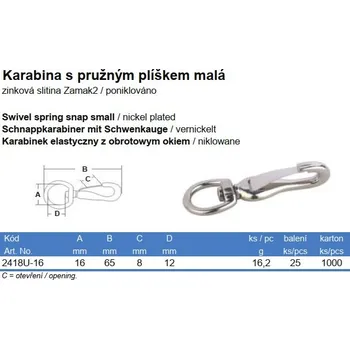 Jištění Karabina s pružným plíškem malá, 65x16mm, Ni