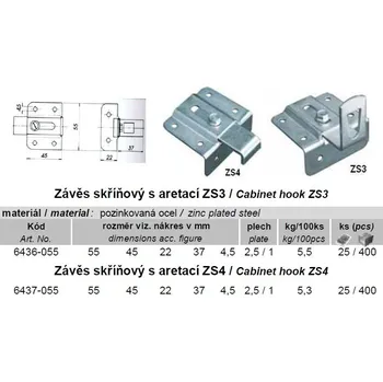Tesařské kování Závěs skříňový s aretací ZS4, 55mm, Zn