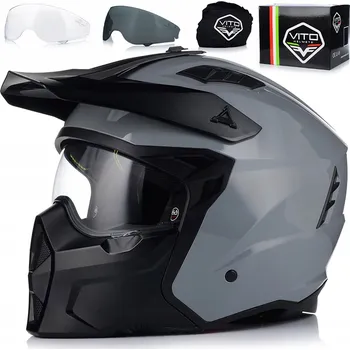 Helma na motorku MOTOCYKLOVÁ PŘILBA 4v1 VITO PREDATOR ŠEDÁ ODEPÍNACÍ BRADA + KŠILT + Dvojité Sklo