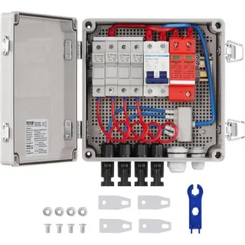 Elektroinstalační krabice VEVOR PV sběrná krabice, 4 řetězce, solární sběrná krabice s pojistkou jmenovitého proudu 10 A, jističem 63 A, bleskojistkou a solárním konektorem, ABS plastové pouzdro pro solární panely zapínané/vypínané do sítě, IP65
