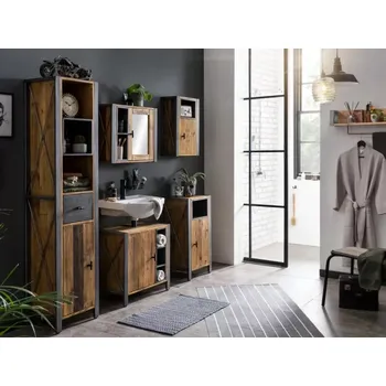 Koupelnový nábytek Masivní koupelnová sestava Detroit II z recyklované borovice a kovu, hnědá, lakovaná