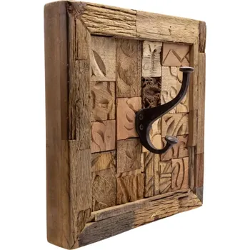 Obraz Masivní nástěnný obraz Kavali z recyklovaného dřeva s háčky, hnědý – 30×30 cm