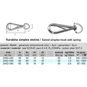 Karabina simplex otočná, 60mm, Ni