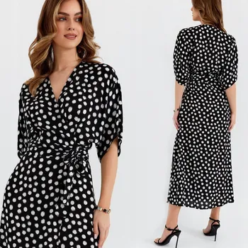 Dámské šaty ROZKLÁDACÍ ŠATY SE ZAVAZOVÁNÍM V PASE S PUNTÍKY, ČERNÁ, 40 L