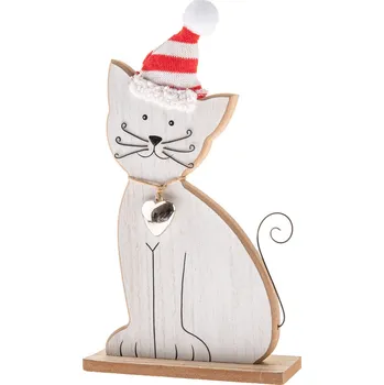 Vánoční dekorace Dřevěná kočka s rolničkou a pletenou čepicí, 29 cm, bílá