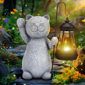 Venkovní osvětlení Linkax Solární zahradní lampa – Šedá kočka s lucernou, 17 cm