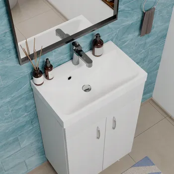 Koupelnový nábytek Moderní koupelnová skříňka s umyvadlem, stojící na nožičkách, bílý lesk 46