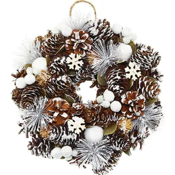 Vánoční dekorace SEIZIS Věnec šiškový s bílými bobulemi, zasněžený