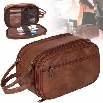 Kosmetická taška KOŽENÁ Pánská Kosmetická Taška Cestovní Velká Prostorná Toaletní Taška na Zip