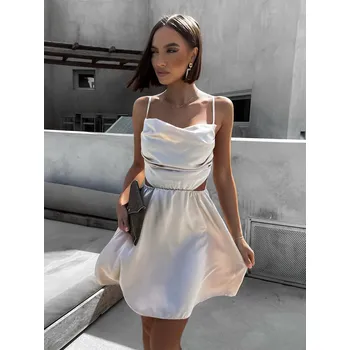 Dámské šaty Béžové lesklé elegantní šaty JEWELRY s průstřihy