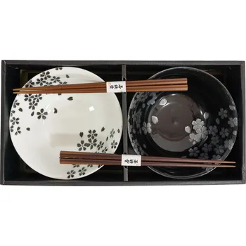 Set misek černá a bílá s kvítky s hůlkami pro 2 osoby