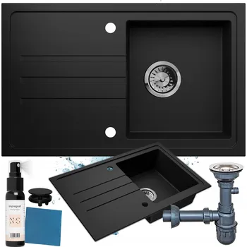 Granitový dřez Dřez granitový, černý, jednokomorový, zapuštěný, s odkapávačem + sifon