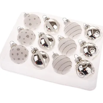 Vánoce Sada skleněných ozdob Glimmer Collection, stříbrná a bílá, 12 ks, pr. 3 cm