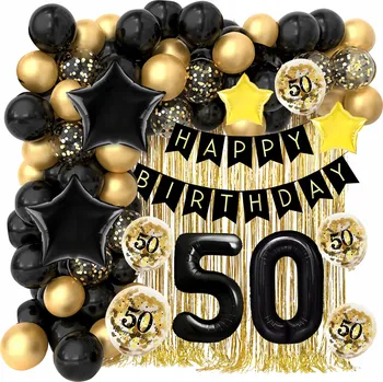 Vánoční ozdoba Sada dekorací Balónky k 50. narozeninám černé a zlaté ozdoby + zlatá záclona